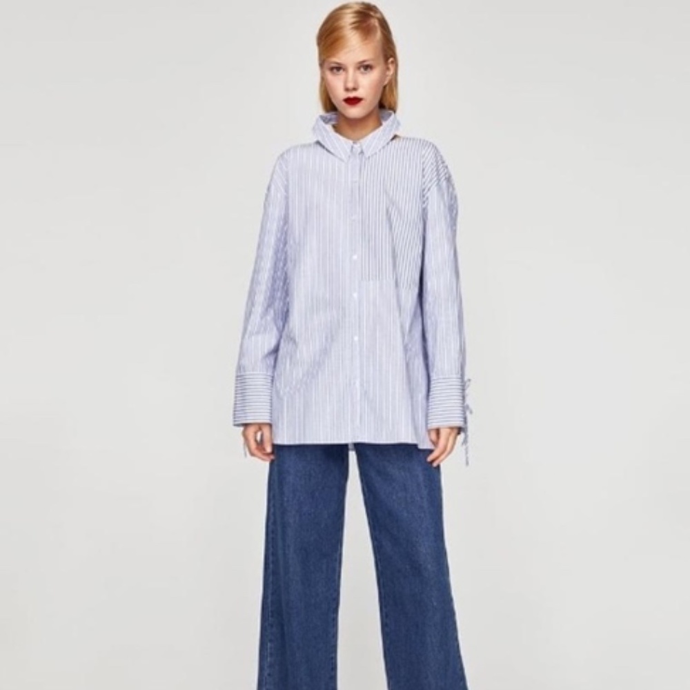 NEW Zara Striped Shirt with Hanging Collar blue